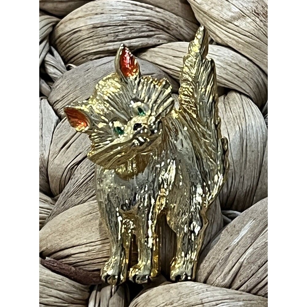 VTG Moving Head Cat Pin Brooch Gold Tone Green Rhinestone Eyes